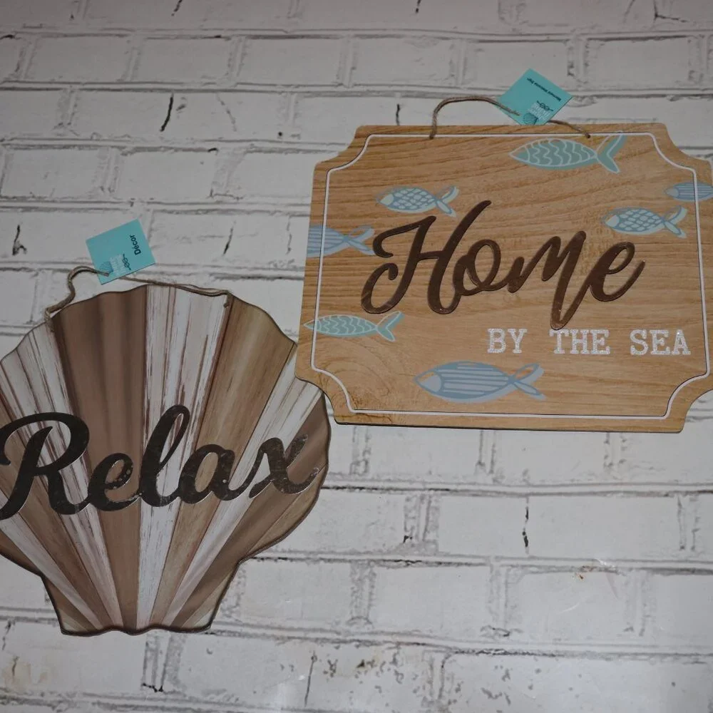 🤍 Set of 2 Coastal Wall Signs · NWT · “Home by the Sea” + “Relax”
